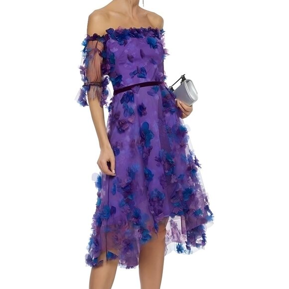 Marchesa Notte Purple & Blue 3D Floral Tulle Off-Shoulder Cocktail Dress Size 4 - Picture 1 of 12